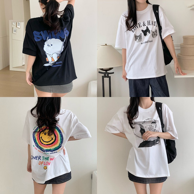 [프린팅 25종 당출] 여성 반팔티 라운드 면티 이너 티셔츠 빅사이즈 레터링 오버핏 롱티