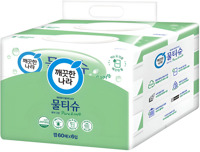 깨끗한나라 퓨어그린 물티슈 캡형, 60매, 6개
