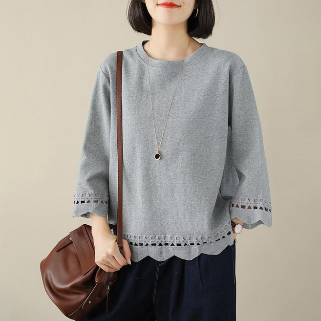 VVRR 중년여성 라운드넥 패치워크 펀칭 데일리 캐주얼 7부 소매 면 티셔츠 W0050911