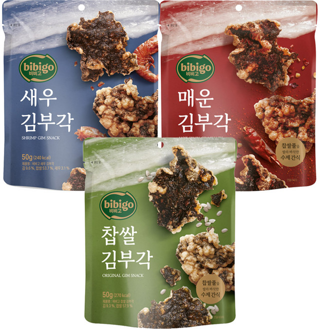 CJ 비비고 김부각 50g 혼합 3개 (찹쌀+매운+새우), 3세트, 150g