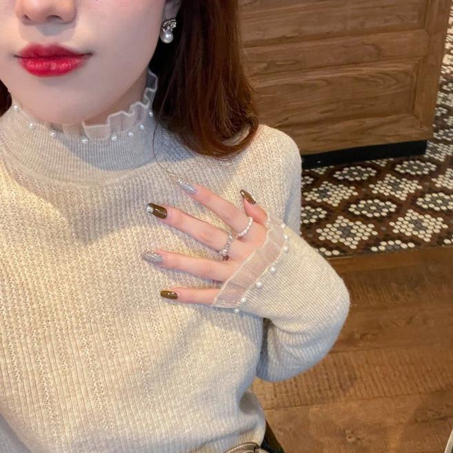 페이준 여성 봄 가을 스웨터 니트 데일리 레이스 진주 반폴라 긴팔 니트티 YF102023