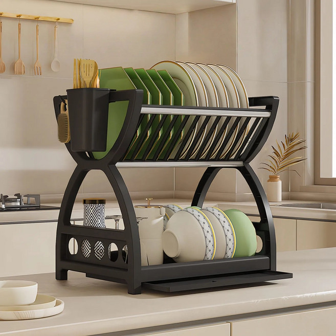 아스토 식기건조대 2단 씽크대건조대 그릇 접시 거치대 깔끔한 주방정리, 블랙, 1개
