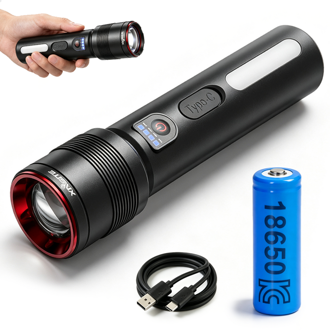 Eclairex 초강력 led 손전등 독일 야외 방수 장시간 항속 줌 후레쉬 대용량 전지 휴대용 손전등, 블랙, 1개