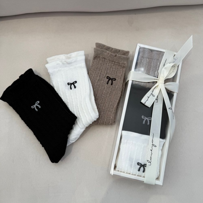 리본 자수 골지 양말 세트 양말선물 3켤레 세트