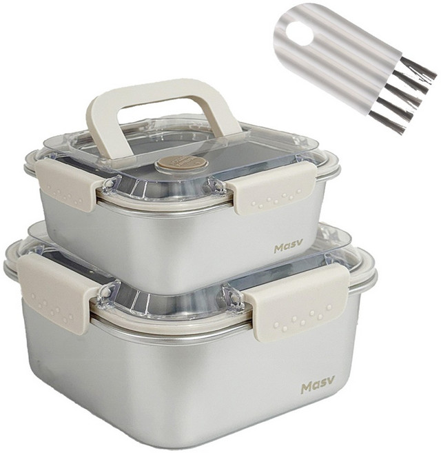 마시뷰 스텐304 사각 밀폐용기 전자렌지가능 반찬통 대용량 스테인리스 김치통 보관용기, 1세트, 1200ml1개+1600ml1개+뚜껑세턱솔1개