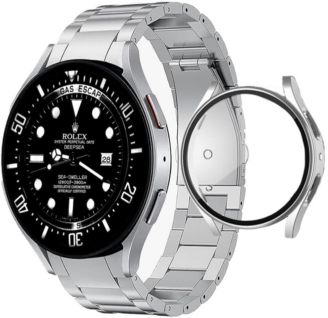 아이비온 갤럭시워치 원버튼 메탈 스트랩 40 44 mm + 풀커버 케이스 세트, 퓨어실버, 1개