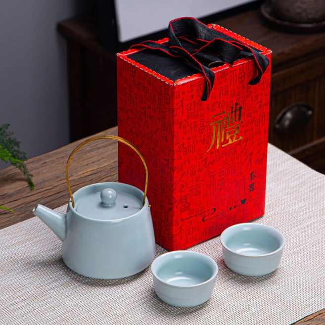 廠家直銷哥窯汝窯禮品禮盒茶具套裝公司活動伴手禮年會隨手禮logo, 1個, 紅盒汝窯提樑壺一壺2杯:26