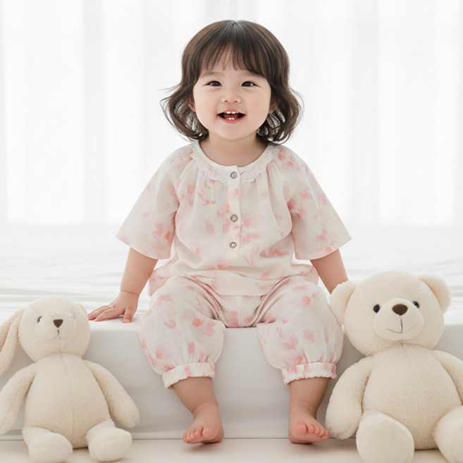 몽실이 버튼업 프린트 거즈면 상하복