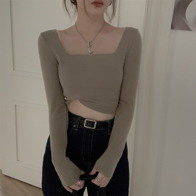 에르모소 여성 스퀘어넥 크롭 긴팔 티셔츠 여름 사계절 크롭티 H-C035S