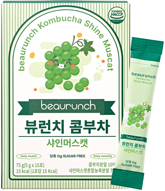 뷰런치 콤부차 샤인머스캣맛 NEW 디자인 / 당류 제로 / 15kcal / 제로탄산 / 다이어트 / 유산균, 1박스, 15개입, 5g