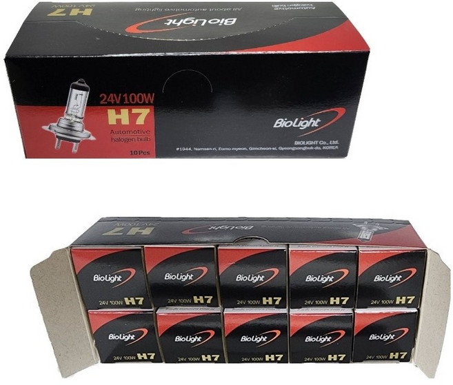지노기업/24V H7 100W 라이트 전구/라이트큐/화물차/대형트럭/화물차/대형트럭/버스/수입트럭/10개/국내생산/국산/바이오라이트/1박스/고휘도/순정형/파비스/엑시언트/프리마, 10개