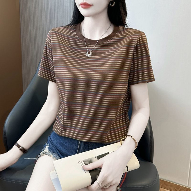해피유통 여성 여름 캐주얼 스트라이프 반팔 티셔츠 심플한 패션 디자인