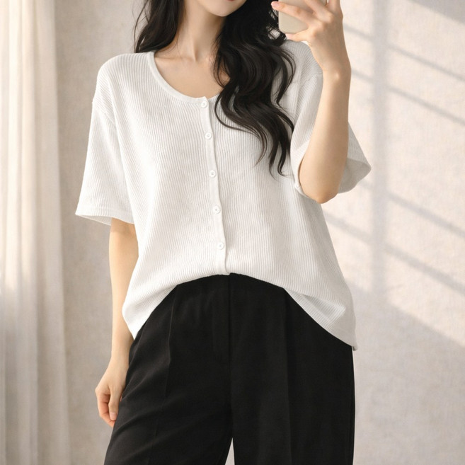 nanalshop 55~99 엄청난 신축성 여성니트 반팔가디건 반팔티 로운드 니트 오버핏 반팔 니트