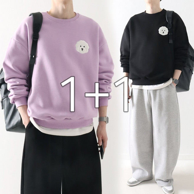 [1+1][기모] 어깨가 넓어보이는 푸들 자수 오버핏 맨투맨 티셔츠 ZZBMT052