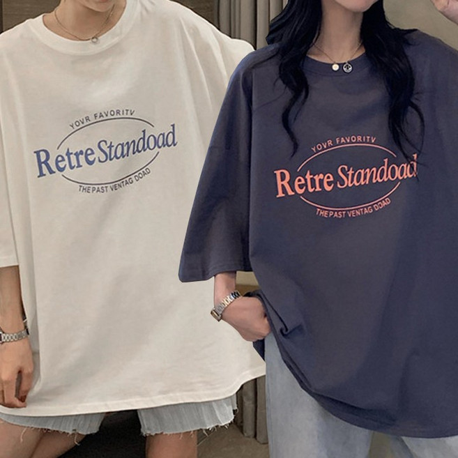 1+1 드마엘 오버핏 레터링 여성 반팔 티셔츠