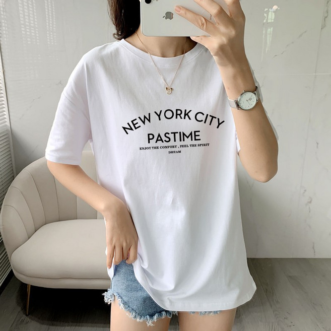 스타일아유 Newyorkcity 레터링 면100% 오버핏 여성용 롱티 자체제작 반팔티 빅사이즈 반팔 티셔츠 [AXG6TS918A]