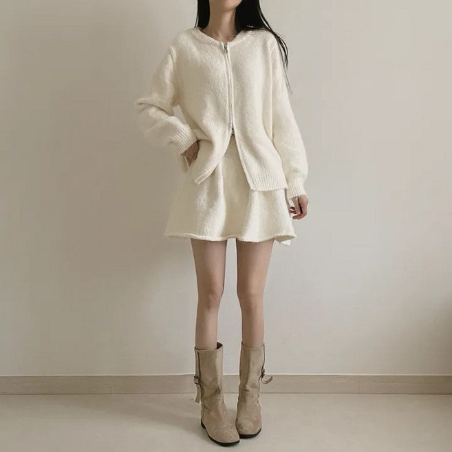 쪼예 [투피스] 꾸안꾸 투웨이 긴팔 니트 집업 가디건 하이웨스트 스커트 세트