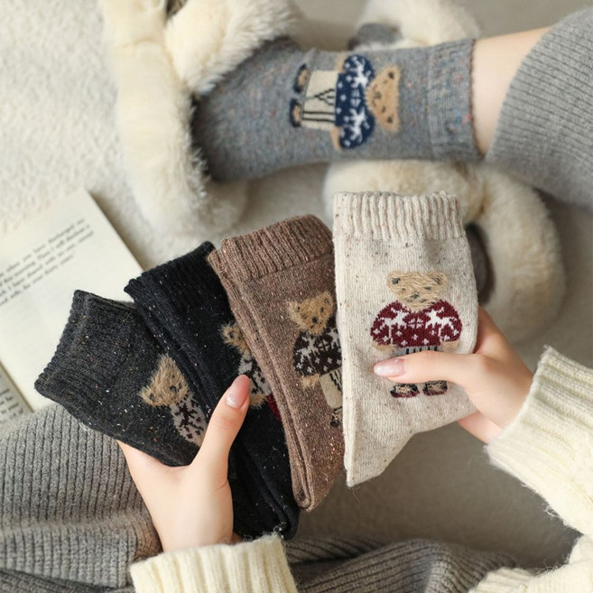 와이엠 여성용 곰돌이 포인트 중목 면양말 5결레 세트