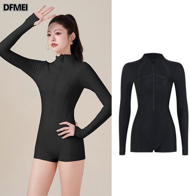 DFMEI 游泳衣女士長袖平角級防曬UPF50+連體速幹潛水服水母衣女, XXL