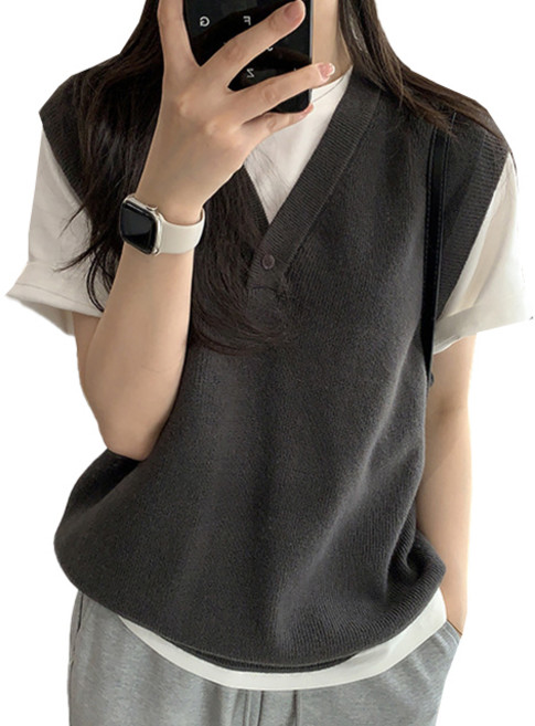 핑크셀럽 버튼 포인트 브이넥 니트 조끼