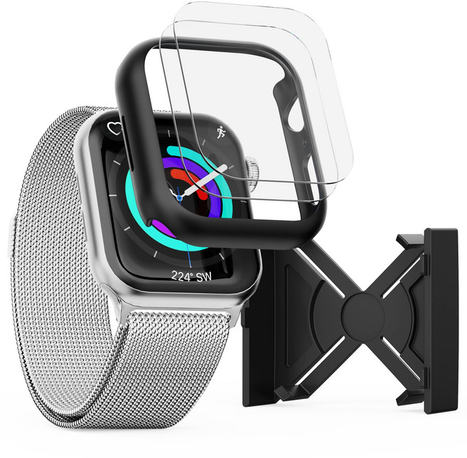 가꼬싶다 애플워치 실패없는 자가복원 액정보호필름 2P + 변색없는 하드커버 케이스, 블랙