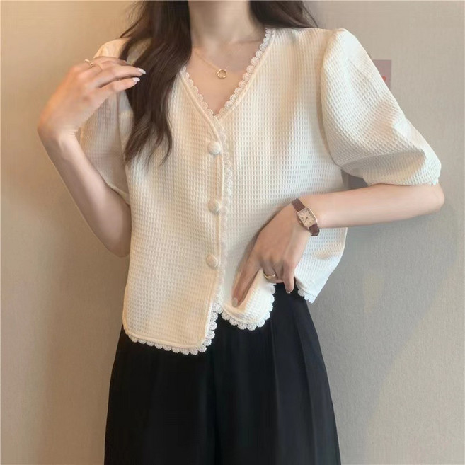 여름 여성 브이넥 블라우스 단추 반팔 티셔츠