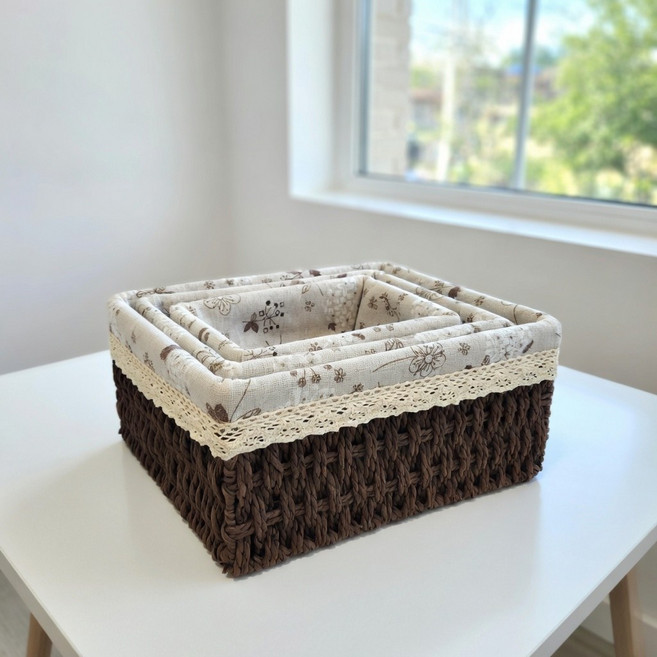 라타니에 라탄 바구니+리넨커버, 모카브라운