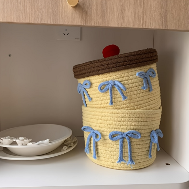 귀여운 케이크 디자인 뚜껑 포함 데스크탑 정리함 면사 수납 바구니, 1개, 17*24cm