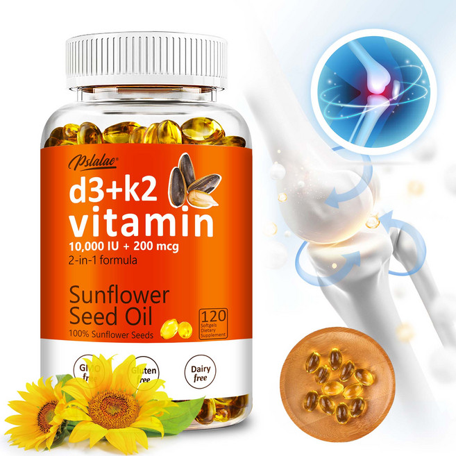 Pslalae 維生素D3+K2 葵花籽油軟膠囊 10 000 IU + 200 mcg, 60組