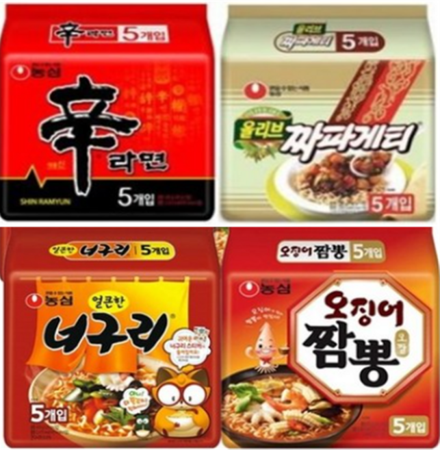 봉지 라면 4종 신라면 5개+ 짜파게티 5개 + 너구리 5개 + 오징어짬뽕 5개, 20개