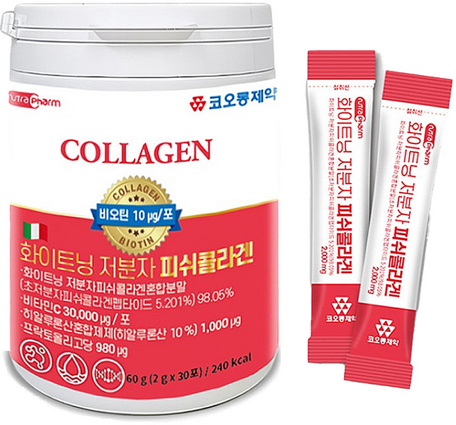 코오롱제약 화이트닝 저분자 피쉬콜라겐 히알루론산 필수 아미노산 피부 미백, 60g, 1개
