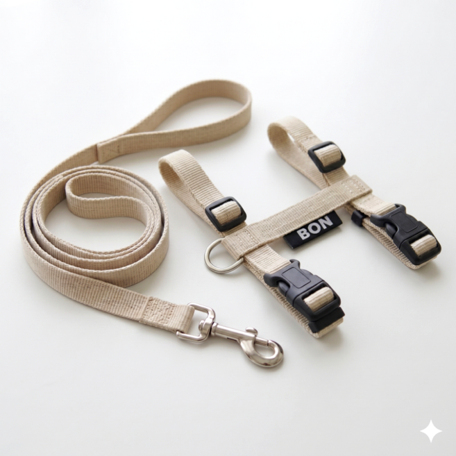 고양이 H하네스가슴줄+핸즈프리리드줄2M / 9색상 / 자묘용 / 성묘용 / 고양이용품, 베이지, 1개