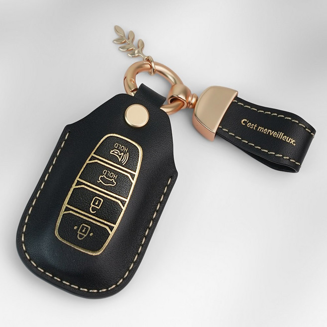 MODACE 현대 호환 소가죽 자동차 키케이스 4버튼/5버튼, & 가죽 스트랩, 4버튼 블랙