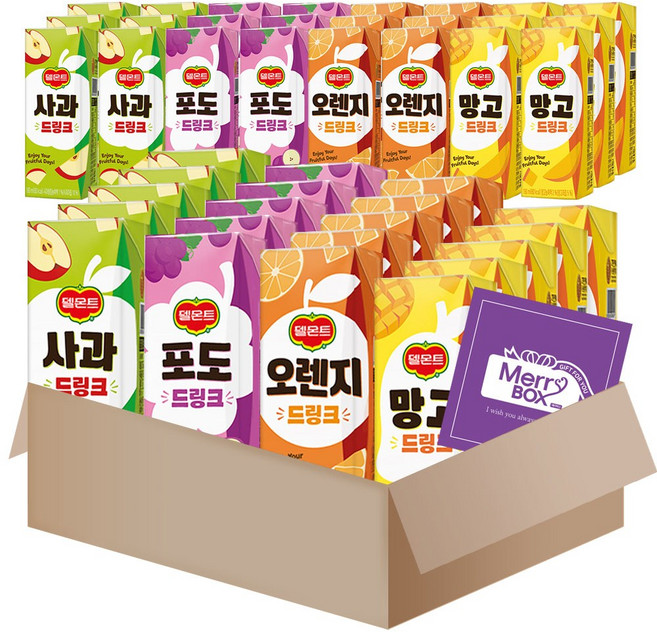 [메리박스 60팩] 델몬트 드링크 팩 오렌지*15 포도*15 망고*15 사과*15+메세지카드, 60개, 190ml