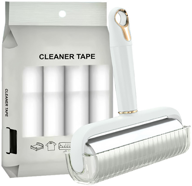 1+1 대형 돌돌이 테이프 클리너 먼지 제거 찍찍이 리필 크리너 롤테이프 만능 롱핸들 롱 사선컷팅 롤 청소용품 롤러 밀대, R99417W(화이트, 1세트