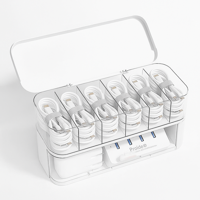 아크릴 이어폰 케이블 정리함 다용도 투명 칸막이 충전기 USB 수납 케이스, 1개, 화이트