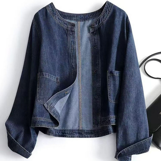 JUSTFEELING 라운드 데님자켓 루즈핏 노카라 패션 여성의류 봄가을 간절기 기질 캐주얼 데님 코트 청 재킷 75kg까지