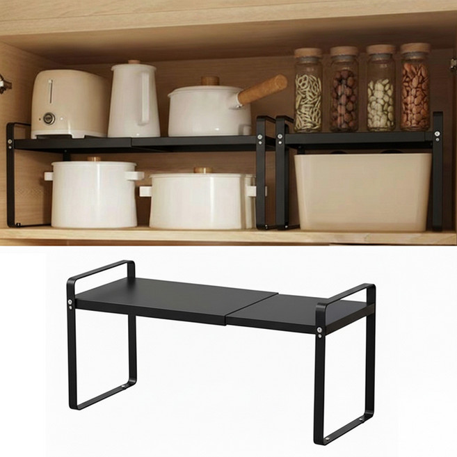 라이프브라운 다용도 길이조절 슬라이드 주방선반 2단 수납 정리대, 블랙, 1개
