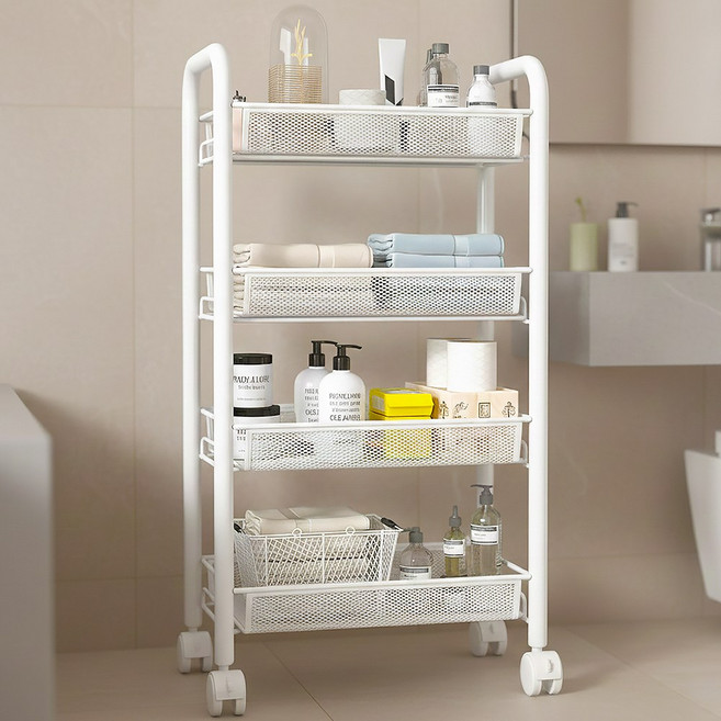 아모란나 간편조립 이동식 메쉬 철제 트롤리 튼튼한 수납 선반, 화이트, 4단
