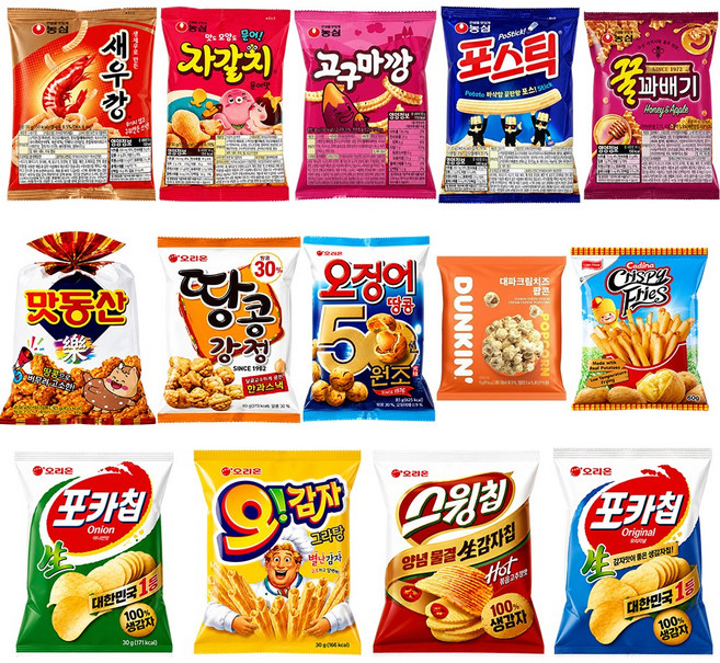 (새우깡 꿀꽈배기 포스틱 고구마깡 자갈치)30g 던킨팝콘15g 맛동산93g 오징어땅콩85g 땅콩강정80g 감자스틱60g (포카칩 포카칩(어니언) 스윙칩(고추장) 오감자)30g, 1세트, 603g