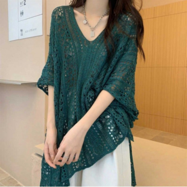 PETITBATH 여름 여성 크로셰 오픈워크 브이넥 루즈핏 미니드레스 코튼 비치 커버업 WH 3682