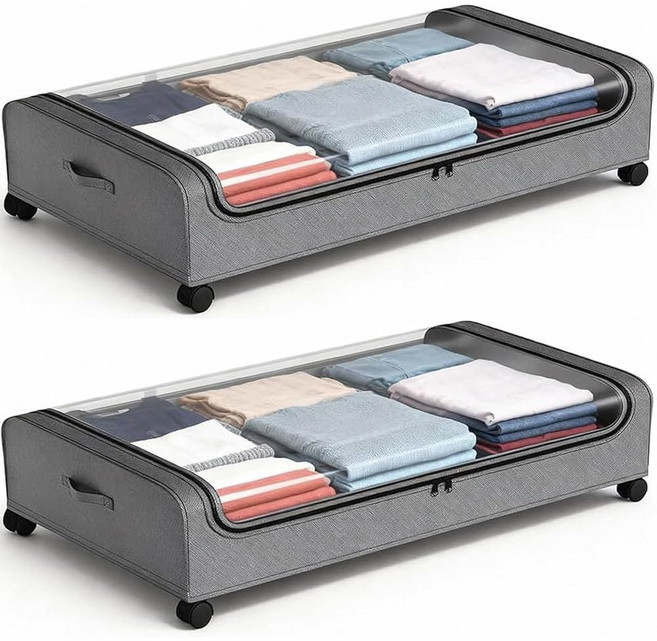 바퀴가 달린 침대 보관함 투명 뚜껑 및 라벨이 있는 보관 용기 아래 2팩 옷 신발 장난감 책을 위한 XXXL 85L 11인치 롤링 메탈 서랍 - 회색, 6.7 inch-height