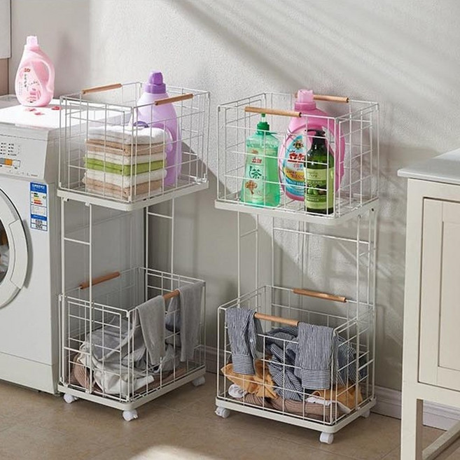 메이크잇업 이동식 접이식 2단 철제 빨래바구니, White 4개