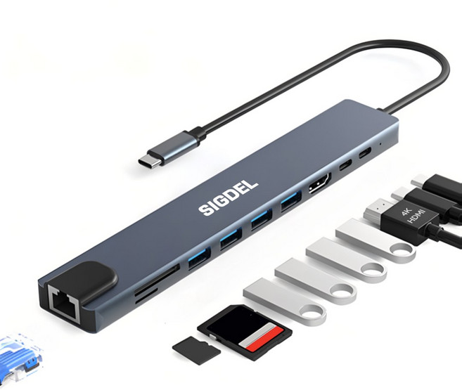 시그델 10in1 C타입 멀티 허브 10포트 이더넷 LAN 4K HDMI PD100W 유선 랜 젠더 C to USB 듀얼 모니터 분배 노트북 컴퓨터 확장 포트 UH-03, 메탈실버, 1개