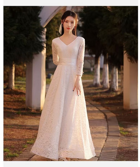 JoYouth 브이넥 레이스 긴팔 셀프 웨딩 드레스 원피스 이브닝 피로연 2부 웨딩촬영 연주회 파티복