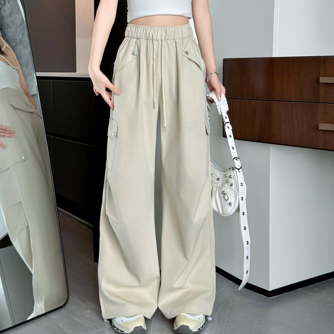 NEW 여성 허리밴딩 카고바지 편한 봄 가을 여름 얇은 와이드 팬츠 프리미엄 트레이닝 바지 작업복바지 하이웨스트바지 바스락팬츠 등산 카고바지