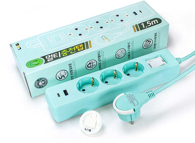 러그박스 3/5구 납작플러그 고속충전 USB C타입 고용량 3680W 멀티탭 1.5M/ 3M, 1개, 3구 민트, 1.5m