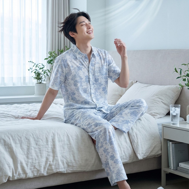 트라이 남성 J11 반팔 9부 파자마 세트 시원한 순면 60수 아사면 여름 남자 잠옷 실내복 상하