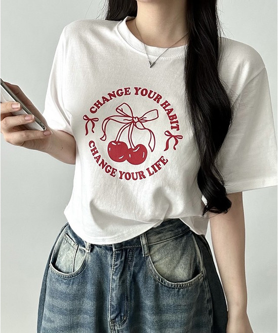 비토샵 여성용 체리 프린팅 크롭 반팔티 루즈핏 데일리티