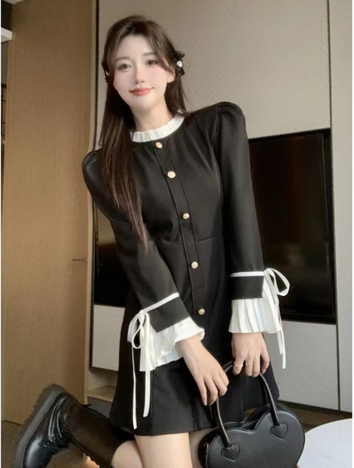 ANYOU 여성 라운드넥 긴팔 A라인 미니 원피스 패션 하이웨스트 슬림핏 블랙 하객원피스